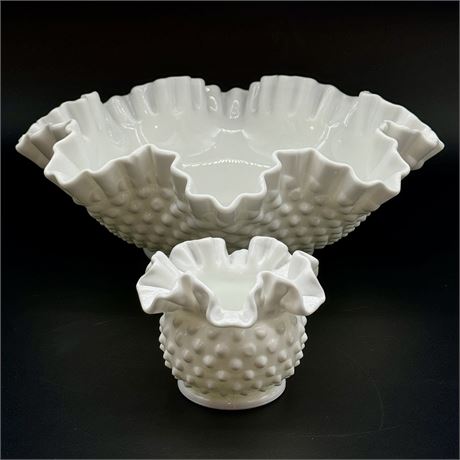 Fenton Hobnail Milk Glass Large Ruffled Edge Bowl - 11.5 x 4"