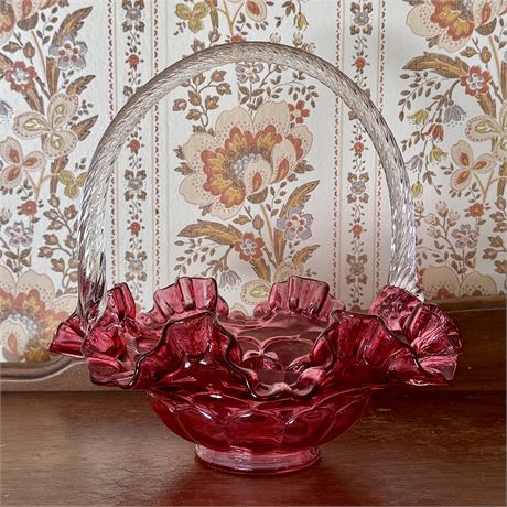 Fenton Cranberry Art Glass Basket w/ Applied Handle - Approx. 9 x 8"