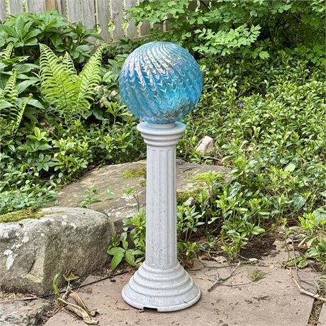 Iridescent Blue Aqua Glass Gazing Ball and Plastic Pedestal Stand