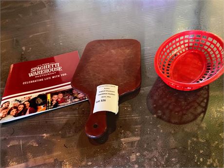 1 Wooden Bread Serving Paddle Board, & 1 Red Plastic Basket, 1 SW Menu