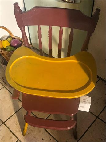 Vintage Hitchcock Wooden High Chair In Rare Yellow/Red Color Combination