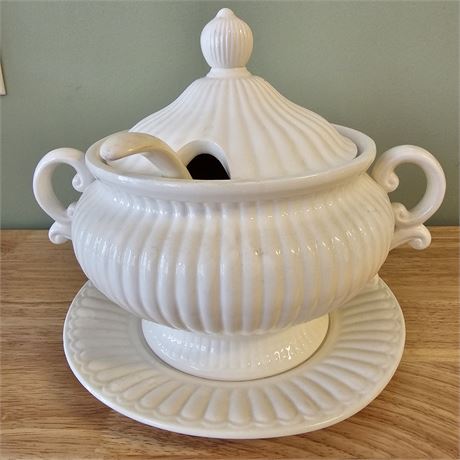 Large Ceramic Soup Tureen w/Lid, Ladle and Plate (4 Pieces)