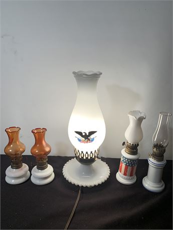 Electric Hurricane Milk Glass Oil Lamp With Eagle & 4 Small Saloon Oil Lamps