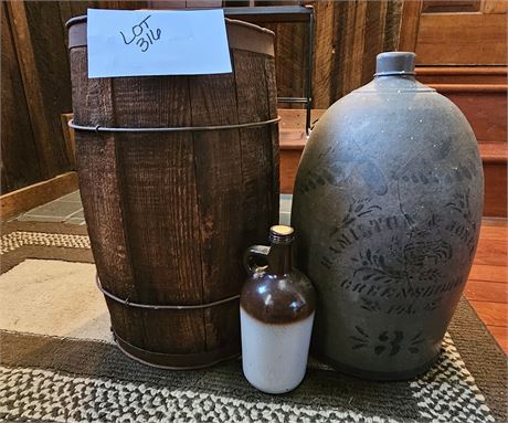 ANTIQUE WOOD BARREL HAMILTON & JONES GREENSBORO,PA # 3 CROCK JUG