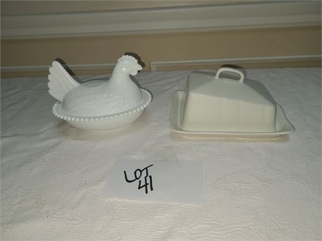 Milk Glass Chicken on Nest & Wedgwood Cheese Cover