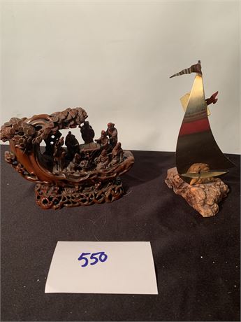 Chinese Red Resin Carved Mudmen Boat & Brutalist Brass Sail Wood Base Sailboat