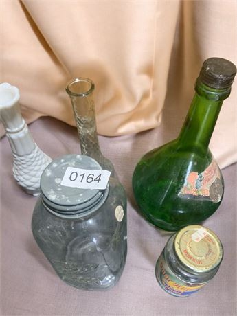 Ball Mason Jar, Bud Vases, Green Mateus Bottle W/Stopper, Salsa Jar & More