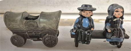 Vintage Copper Toothpick Holder, Cast Iron Figures