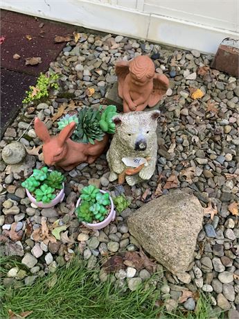 Yard Art Lot Angel Rabbit Planter Bear Bird and 2 Potted Succulents