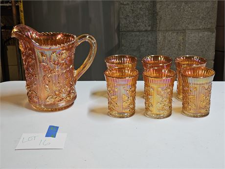 Imperial Glass Marigold Luster Rose Pitcher & Tumblers