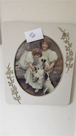 Antique Wood Frame Girl & Puppies Print