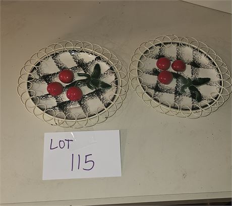 1950's Cherry Ceramic Wall Plates With Wire Frame