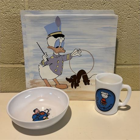Vintage Children's Dishes -Peanuts Cup, Superman Bowl, Hand Painted Disney Plate