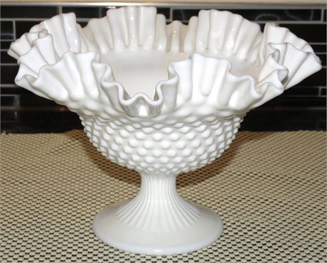 Vintage Fenton Hobnail Milk Glass Scalloped Ruffle Edge Dish