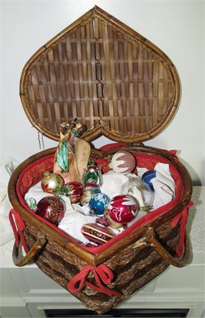 Heart Shaped Basket With Glass Christmas Ornaments