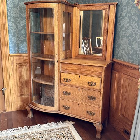 Antique Quarter Sawn Oak Secretary with Bow-Front Curio - 39 x 13 x 58"