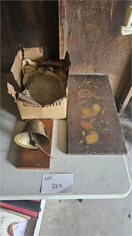 Brass Bell, HP On Wood Still Life & Glass Luncheon Set