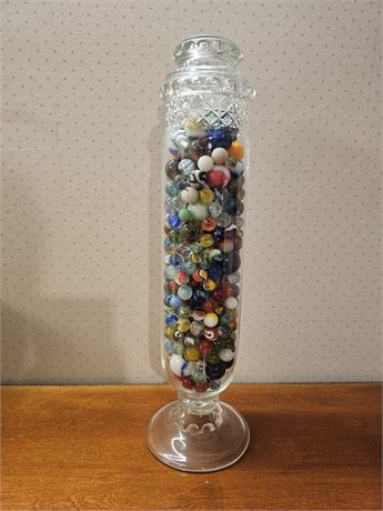 Tall Footed Pasta Jar Full of Antique to Modern Marbles