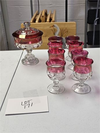 Tiffin Kings Crown Cranberry Glass Goblets & Lidded Candy Dish