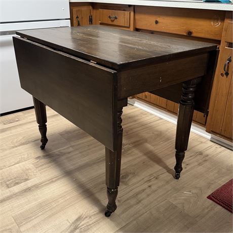 Antique Drop Leaf Wood Kitchen Table On Casters - 36 x 22 (Leaves Down) x 39"T