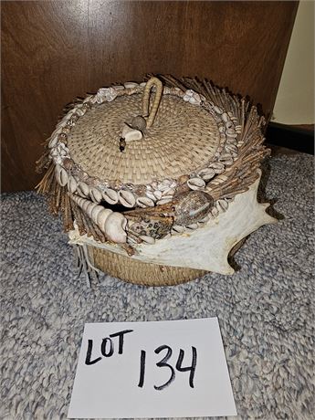 Tribal Hand Woven Wicker & Shell Lidded Basket