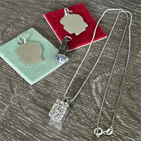 Sterling Silver 925 Box Chain Necklace and Mixed Sterling Charms