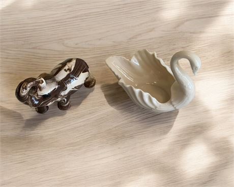Lennox Cream Swan Planter/Bowl & Brown/White Marbled Elephant Figurine