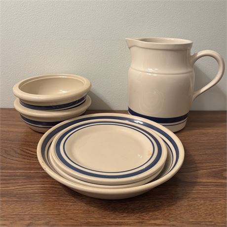 Mixed Roseville Stoneware Lot - Milk Pitcher, Small Bowls and Plates