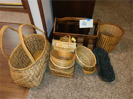 Mixed Basket Lot: Different Styles/Sizes + Wood Magazine Rack