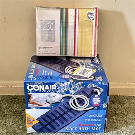 New Queen Sheet Set and Conair Soft Bath Mat