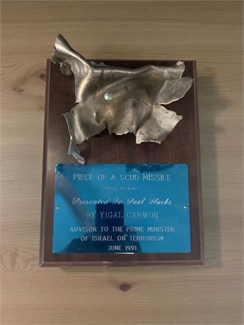 Plaque Featuring Scud Missile Piece - Prime Minister of Israel On Terrorism 1991