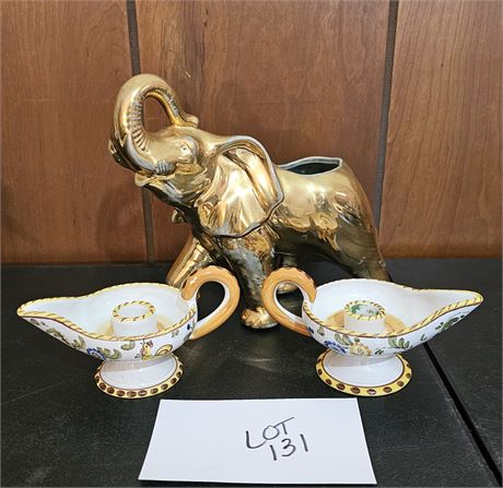 MCM Gold Elephant Planter( Paint Loss) & Italian Candle Holders