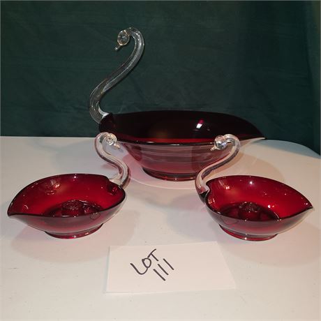 Dunkin Miller Ruby Red Art Glass Swan Fruit Bowl & Matching Candle Holders