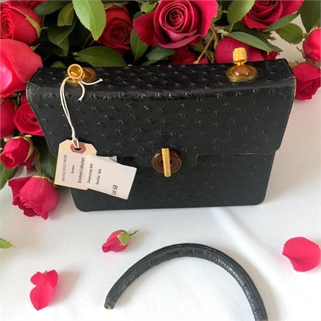 Rosenfeld Vintage Black Ostrich Leather Handbag W.Gold-Toned Hardware