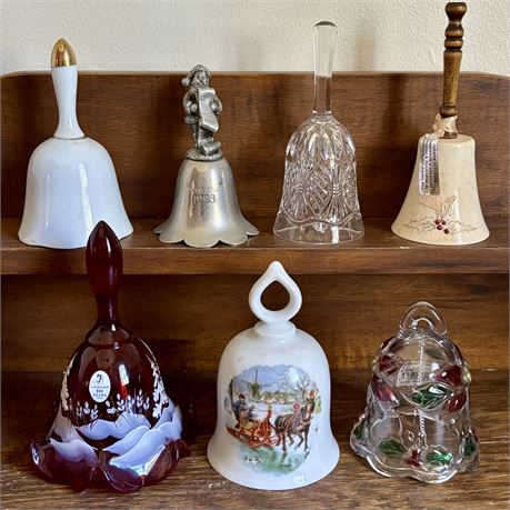 Mixed Grouping of 7 Holiday Themed Bells - Fenton, Crystal & More