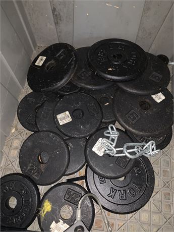 Round Black Iron Weights In A Gray Storage Tote