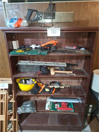 MixedTool & Misc Lot (Shelf Not Included) Miter Box/Saw, Level,Screw Drivers Etc