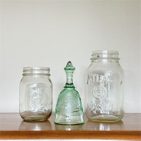 Light GREEN Glass Mason Jars & Depression Era Bell