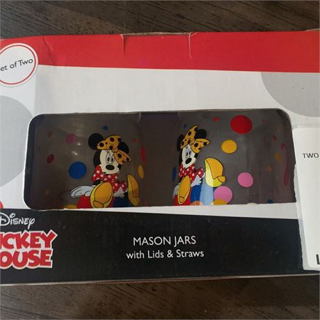 Zak! Designs Disney Minnie Mouse 2-Piece Glass Mason Jar Set W/Lids & Straws