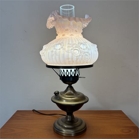 Brass Table Lamp w/ Fenton Cabbage Rose Lampshade - 18.5"T