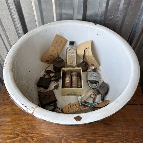 Enamel Basin Bowl w/ Vintage Collectibles - Locks/Keys, Small Oilers & More