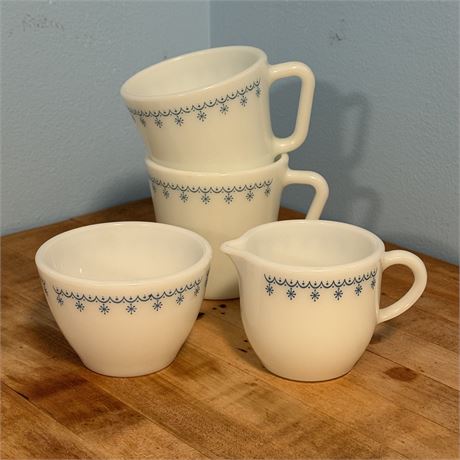 Vintage Pyrex Snowflake Garland Milk Glass Mugs, Cream/Sugar Dishes