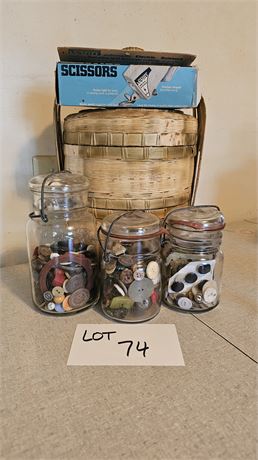 Mixed Antique Buttons Glass, Rubber, Metal (In Antique Canning Jars)