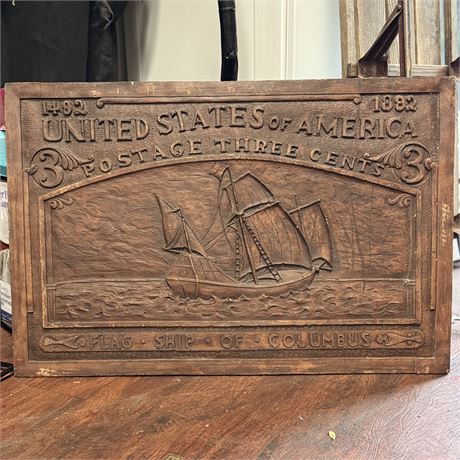 Antique Plaster Relief 3 Cent Stamp Ship of Columbus Wall Plaque - 28 5/8 x 19"H