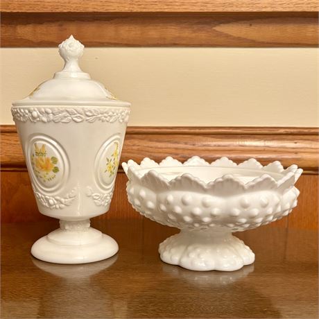 Fenton Milk Glass Covered Jar and Candle Holder