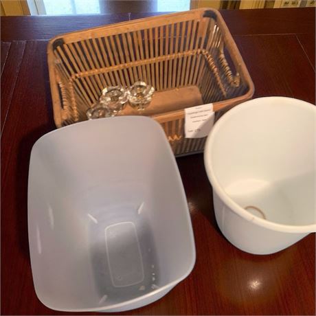 Wastepaper/Trash Can & Wicker Storage Basket, Glass Candlestick Holders Set