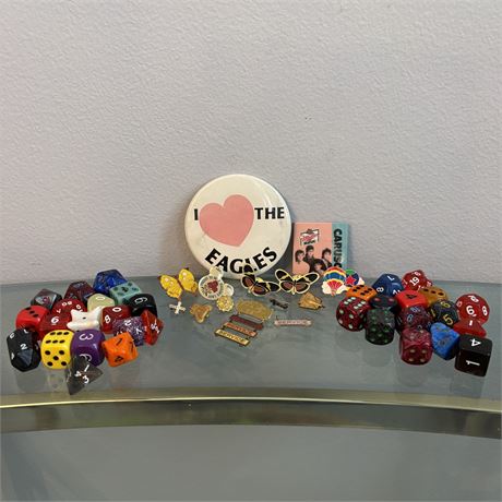 Various Vintage Pins and Collection of Dice