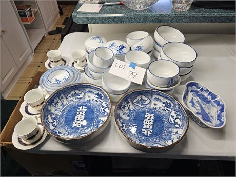 Mixed Blue & White Asian Inspired Lot: Bowls / Soup & More