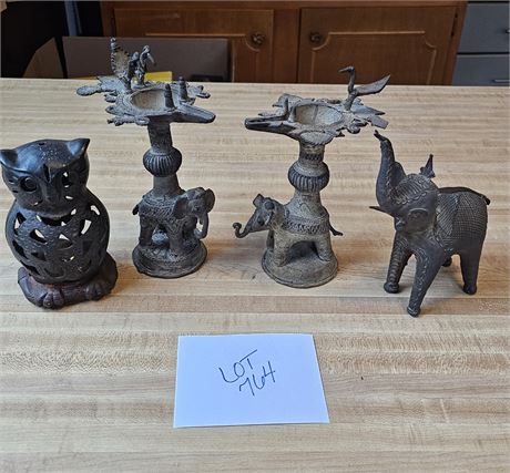 India / Indian Metal Elephant Figures & Owl Candle Lantern Sizes Vary