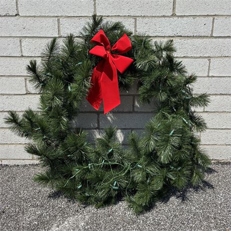 LARGE Long Needle Pine Artificial Christmas Wreath w/ Bow - Approx. 38"